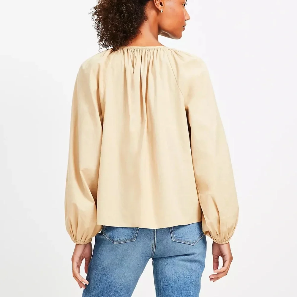 LOFT button puff long sleeves Tan Gathered split Neck Blouse Sz XL‎